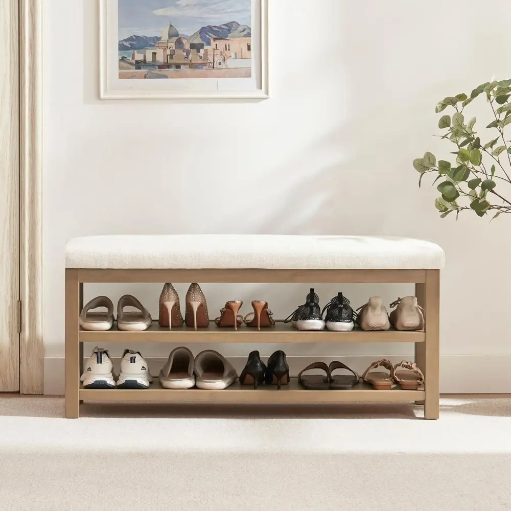 2 Tier Shoe Rack Bench with Cushion, Solid Wood Shoe Benches, Mid-Century Modern Shoe Storage Bench for Entryway, Hallway, Livin