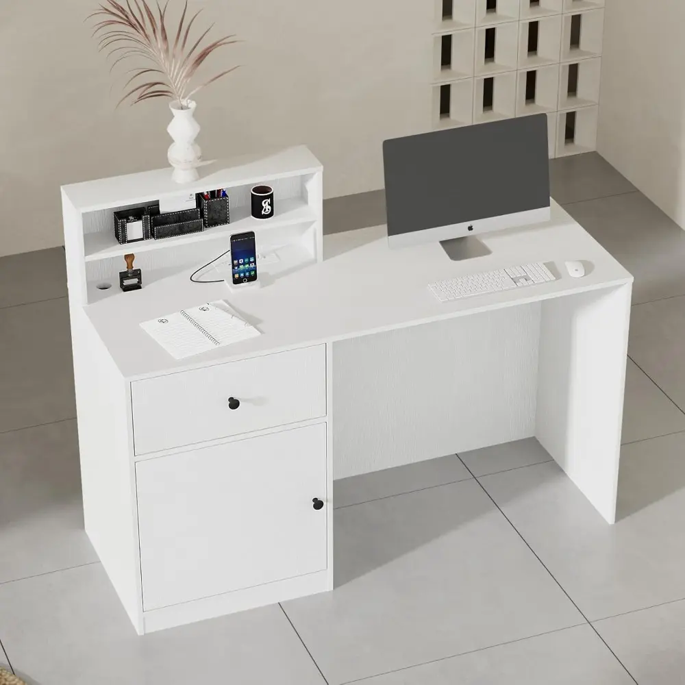 Small Morden Reception Desk with LED Lighting, 39.4" H Office Counter with Storage Drawers, Secretary Desk with Power Outlets,