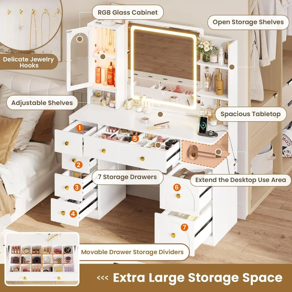 White Vanity Desk with Mirror and LED Lights, Large Makeup Vanity Desk with 7 Drawers, Storage Shelves and RGB Glass Cabinet, D