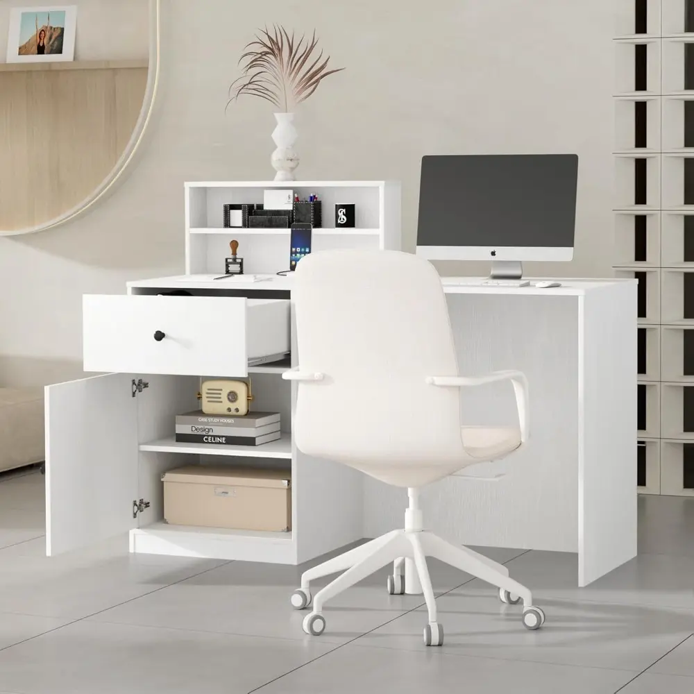Small Morden Reception Desk with LED Lighting, 39.4" H Office Counter with Storage Drawers, Secretary Desk with Power Outlets,