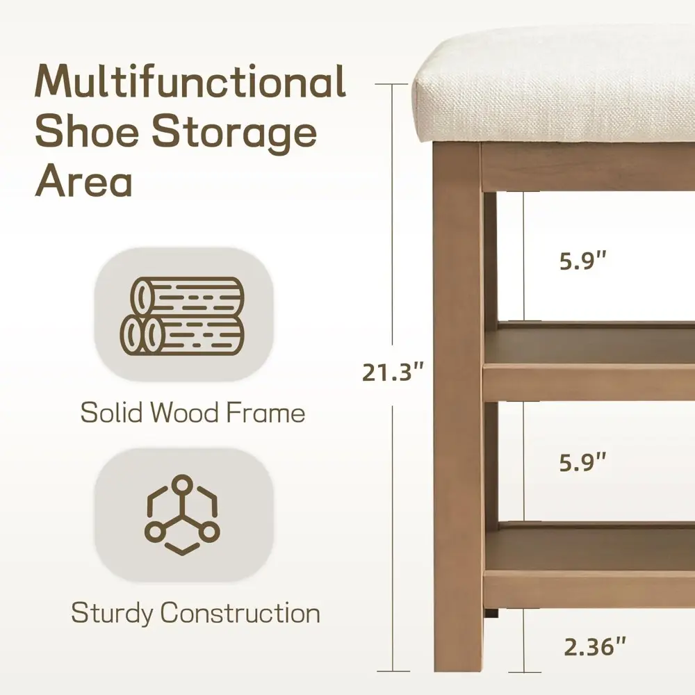2 Tier Shoe Rack Bench with Cushion, Solid Wood Shoe Benches, Mid-Century Modern Shoe Storage Bench for Entryway, Hallway, Livin