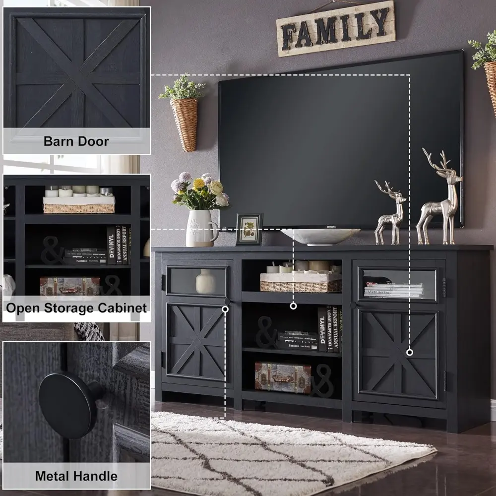 Farmhouse TV Stand for 75 Inch TV, Entertainment Center with Storage, Rustic TV Cabinet with Barn Doors, 66" TV Console for Liv