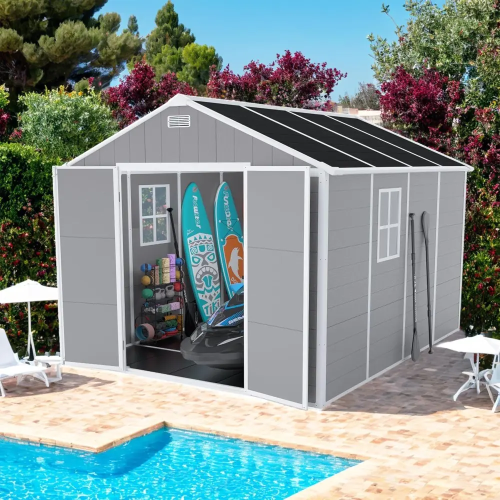 8x8 FT Resin Storage shed, Outdoor Storage Sheds with Floor, Window, Lockable Doors and Vents, 12mm Thick pp Board, Large Storag