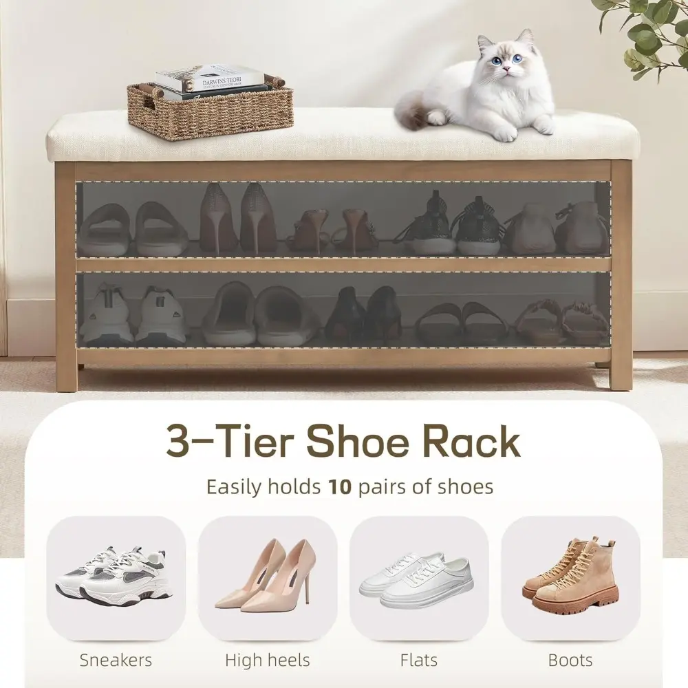 2 Tier Shoe Rack Bench with Cushion, Solid Wood Shoe Benches, Mid-Century Modern Shoe Storage Bench for Entryway, Hallway, Livin