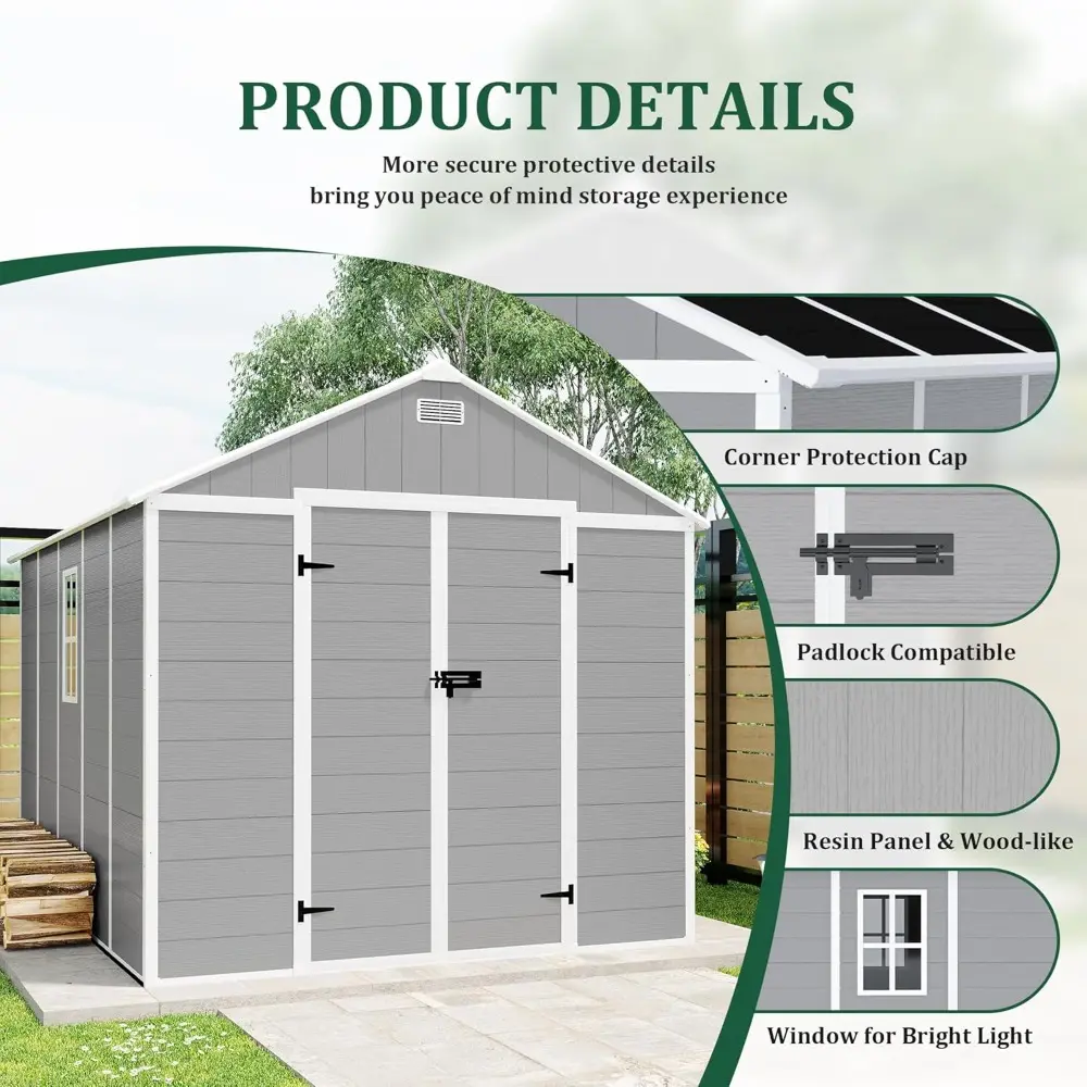 8x8 FT Resin Storage shed, Outdoor Storage Sheds with Floor, Window, Lockable Doors and Vents, 12mm Thick pp Board, Large Storag
