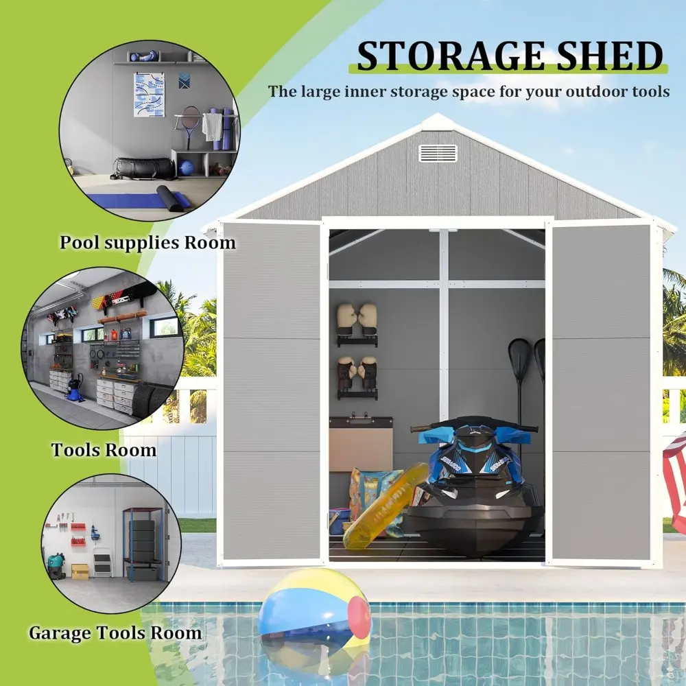 8x8 FT Resin Storage shed, Outdoor Storage Sheds with Floor, Window, Lockable Doors and Vents, 12mm Thick pp Board, Large Storag