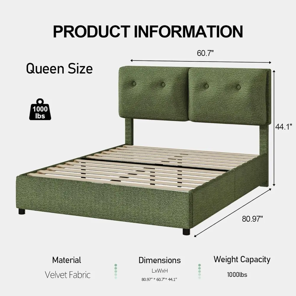 Queen Bed Frame, Upholstered Boucle Platform Bed with Headboard, Cloud Bed Frames with Soft Headboard, Wooden Slats Support, No