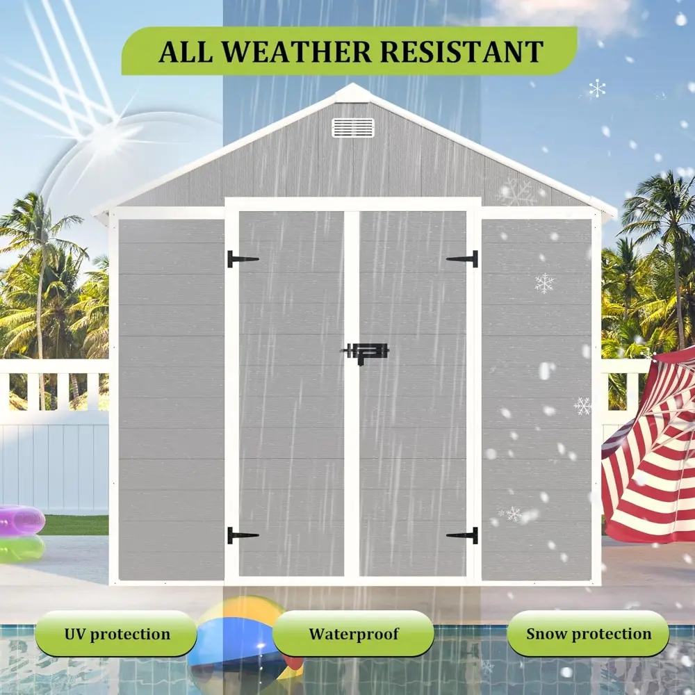 8x8 FT Resin Storage shed, Outdoor Storage Sheds with Floor, Window, Lockable Doors and Vents, 12mm Thick pp Board, Large Storag