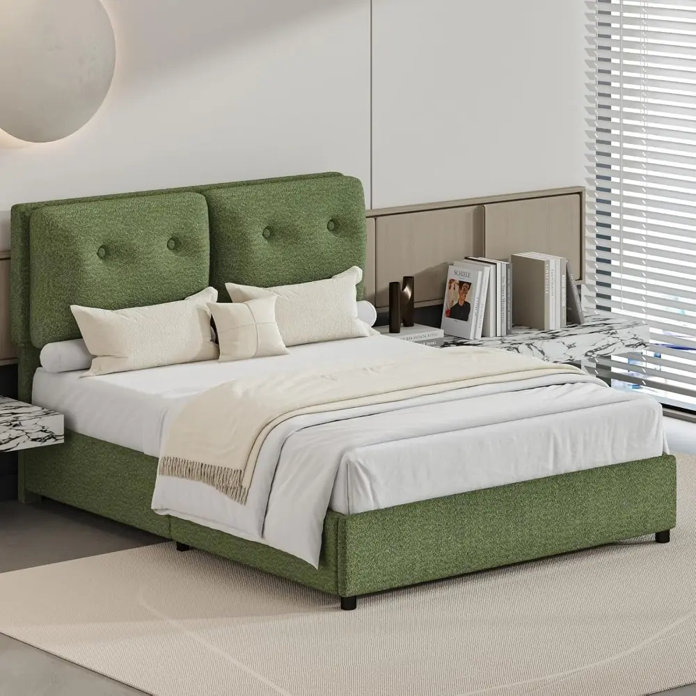Queen Bed Frame, Upholstered Boucle Platform Bed with Headboard, Cloud Bed Frames with Soft Headboard, Wooden Slats Support, No