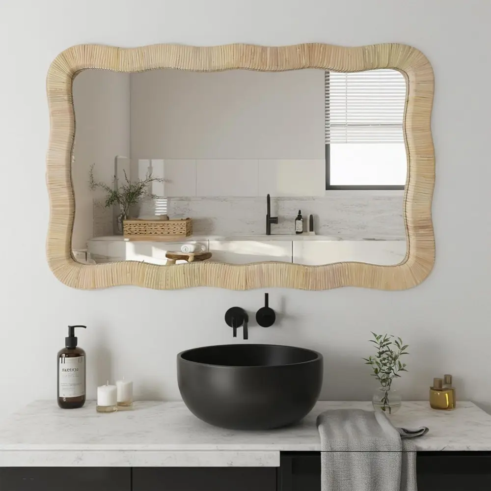 Rattan Wall Mirror, Irregular Wave Mirror, Decorative Wall Mirror for Living Room, Bedroom, Bathroom, 23.6" W x 1.4" D x 37.8"
