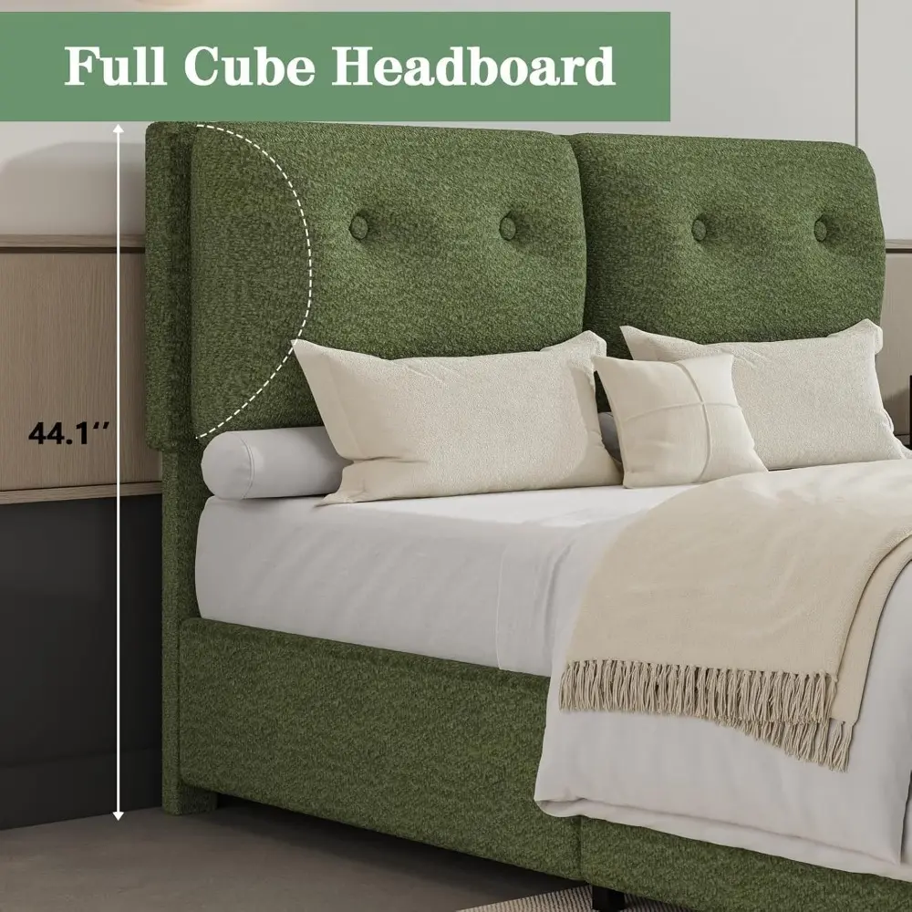 Queen Bed Frame, Upholstered Boucle Platform Bed with Headboard, Cloud Bed Frames with Soft Headboard, Wooden Slats Support, No