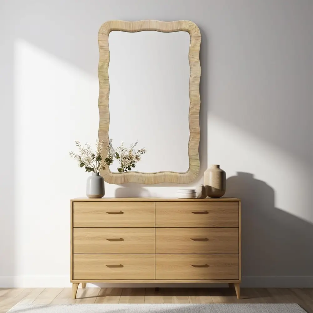 Rattan Wall Mirror, Irregular Wave Mirror, Decorative Wall Mirror for Living Room, Bedroom, Bathroom, 23.6" W x 1.4" D x 37.8"