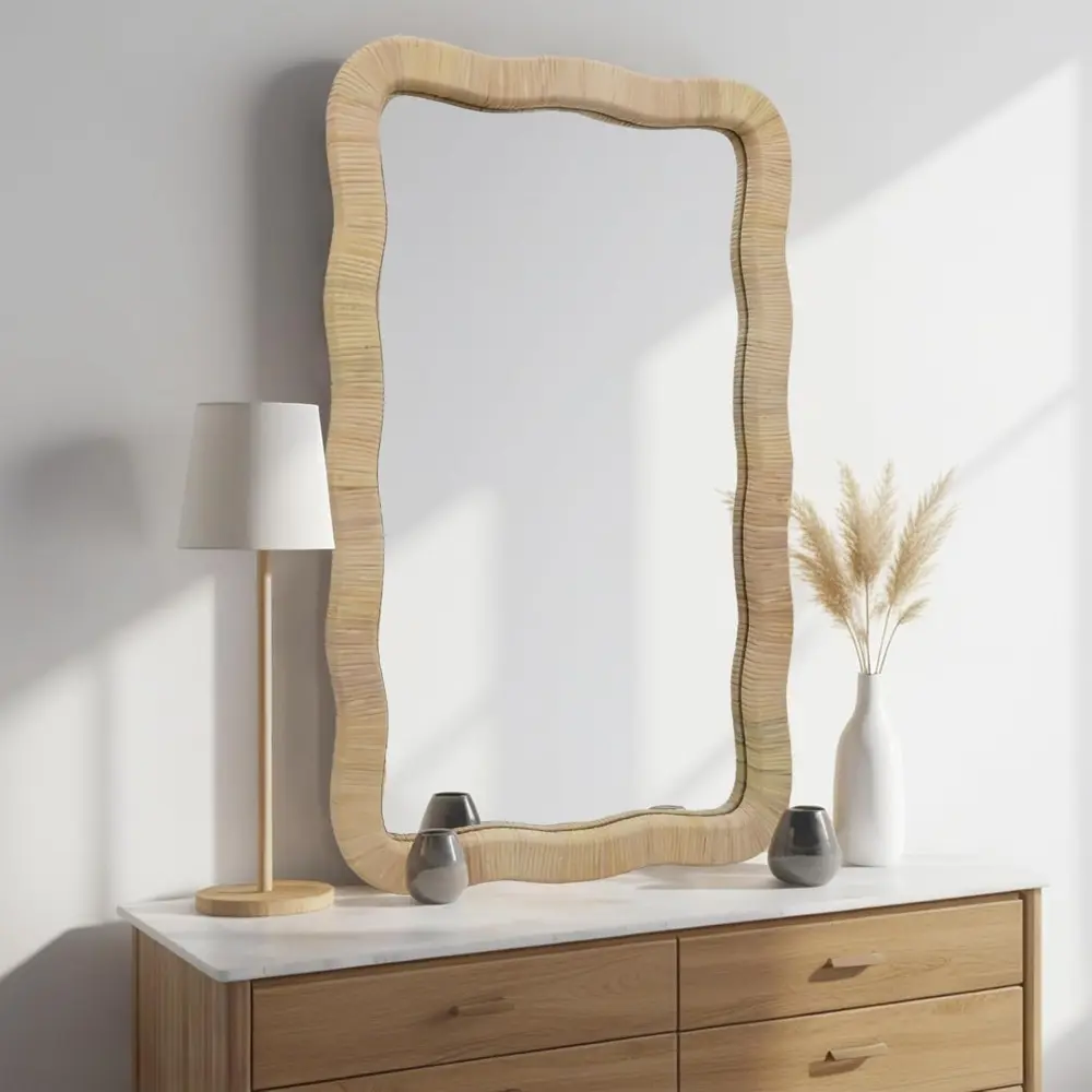 Rattan Wall Mirror, Irregular Wave Mirror, Decorative Wall Mirror for Living Room, Bedroom, Bathroom, 23.6" W x 1.4" D x 37.8"