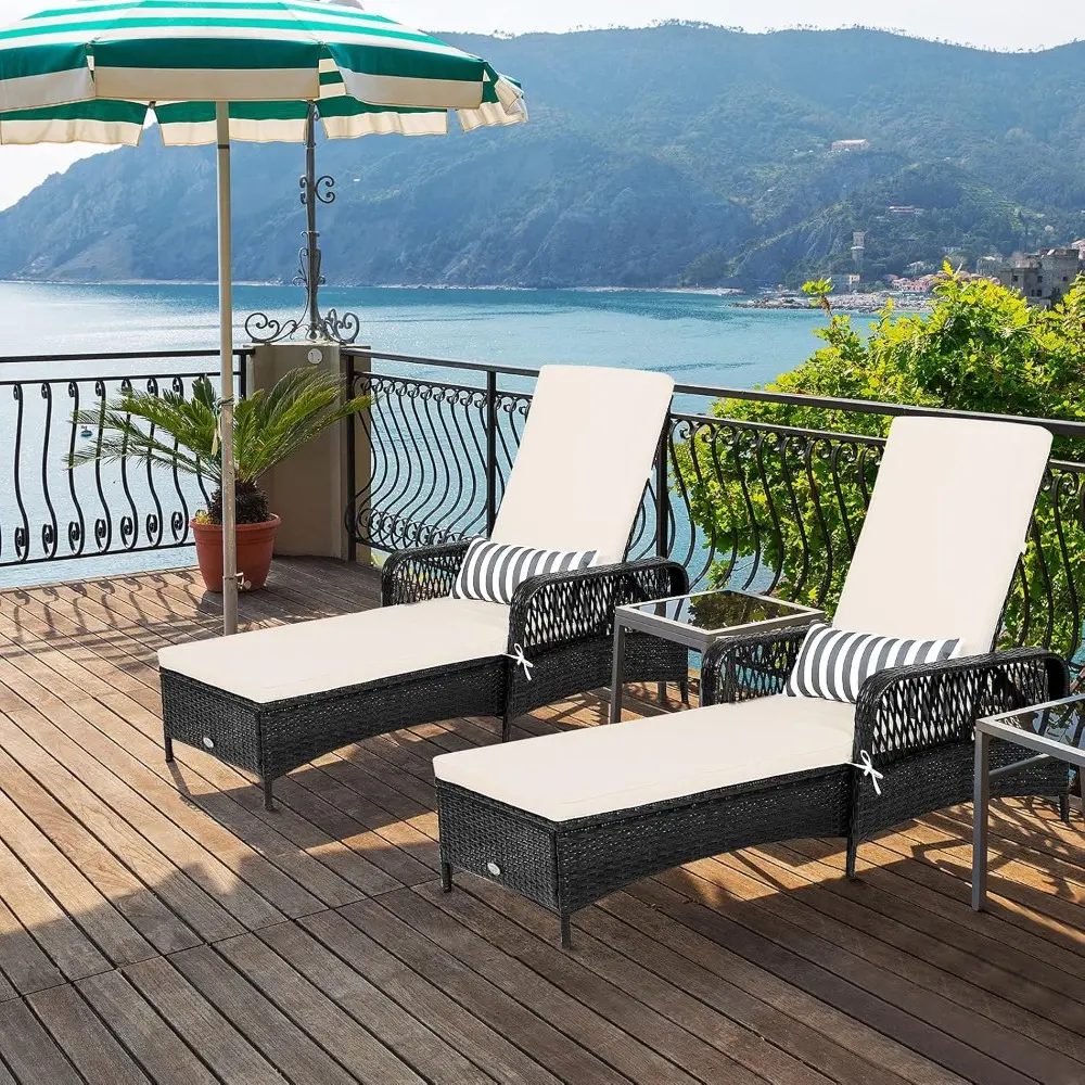 Rattan Patio Chaise Lounge, Outdoor Leisure Recliner w/Thick Cushion, Lumbar Pillow, 6-Gear Adjustable Backrest & Non-Slip Foot
