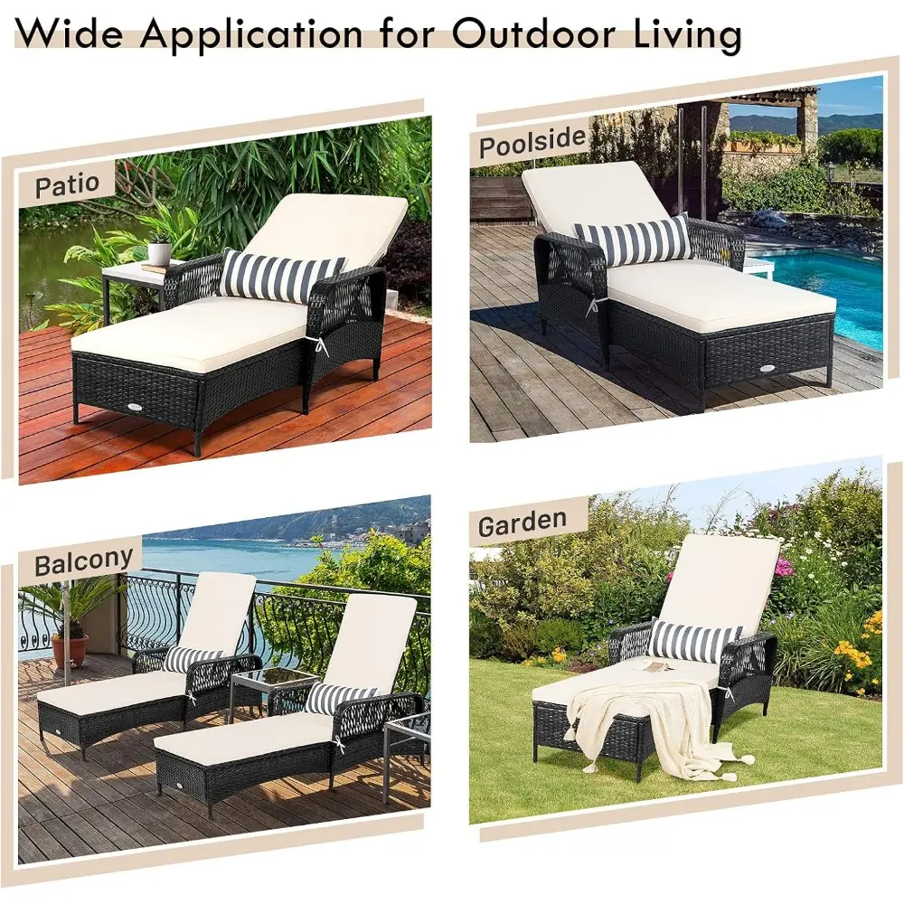 Rattan Patio Chaise Lounge, Outdoor Leisure Recliner w/Thick Cushion, Lumbar Pillow, 6-Gear Adjustable Backrest & Non-Slip Foot