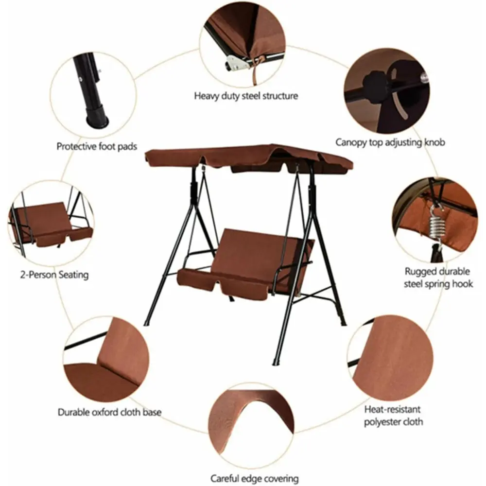 Two Seater Patio Swing Chair with Sunshade Garden Patio Lounge Chair Backrest Chair Comfortable Long Sitting Brown