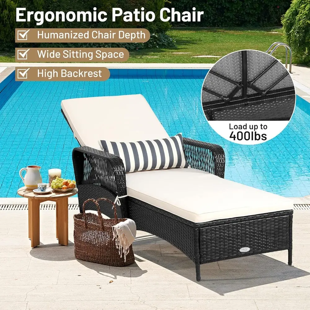 Rattan Patio Chaise Lounge, Outdoor Leisure Recliner w/Thick Cushion, Lumbar Pillow, 6-Gear Adjustable Backrest & Non-Slip Foot