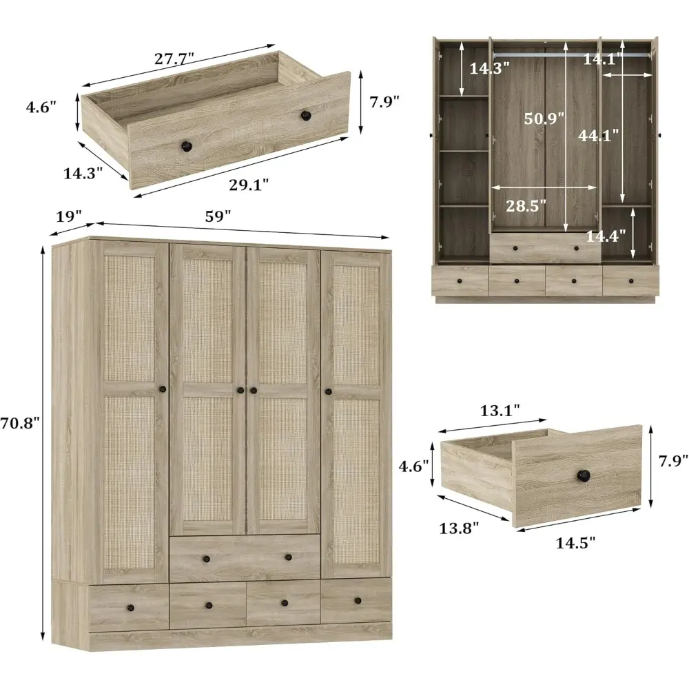 Rattan Armoire Wardrobe Closet with 7 Shelves, 5 Drawers & Hanging Bars, 59" L Wooden Wardrobe Clothes Storage Cabinet for Bedro