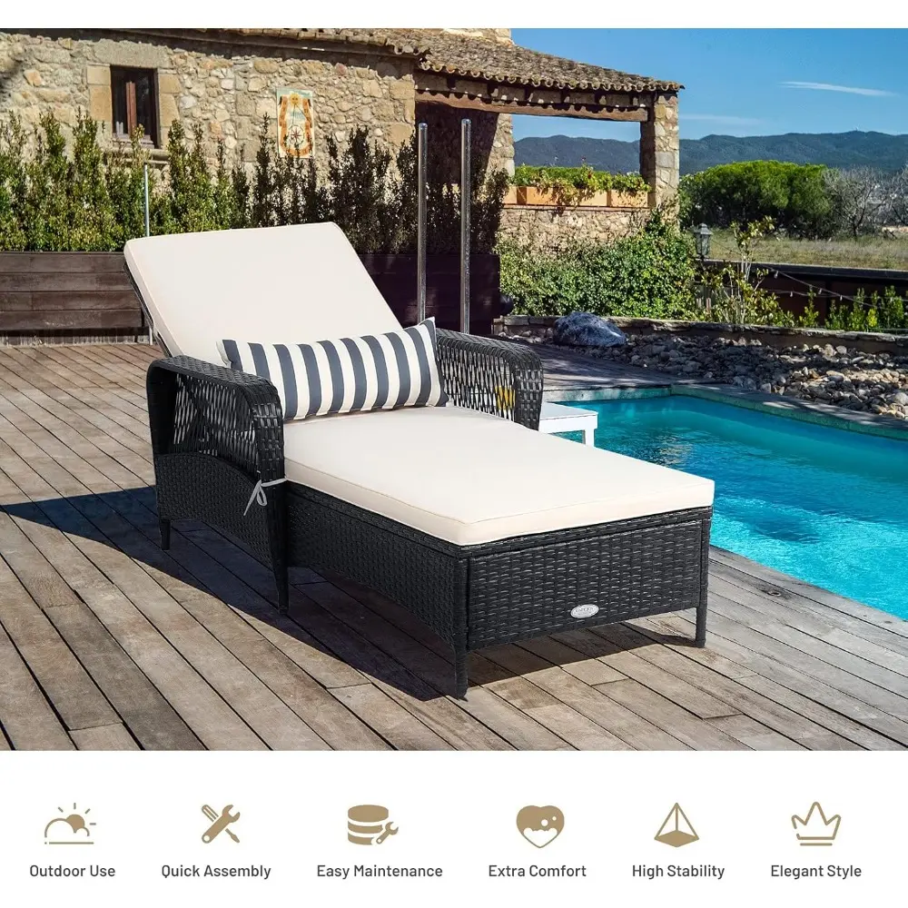 Rattan Patio Chaise Lounge, Outdoor Leisure Recliner w/Thick Cushion, Lumbar Pillow, 6-Gear Adjustable Backrest & Non-Slip Foot