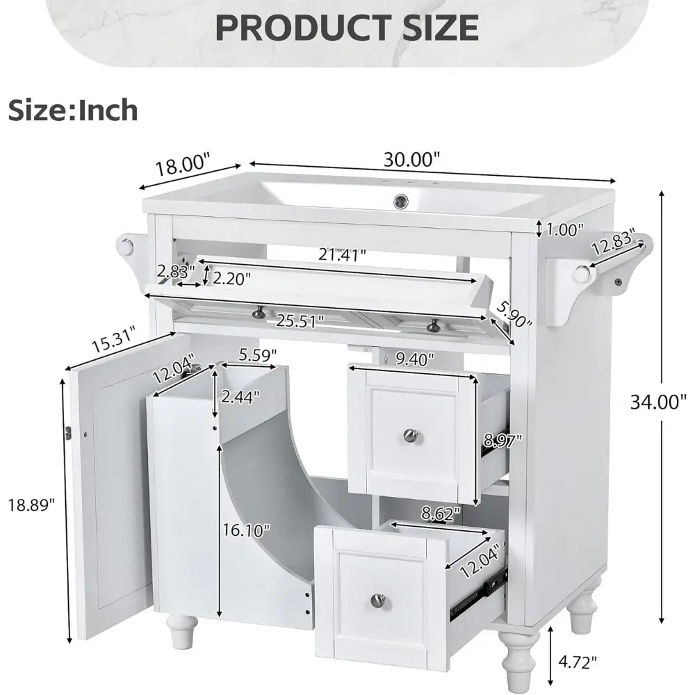 30" Bathroom Vanity with Sink, Modern Bathroom Storage Cabinet with 2 Drawers, Pull-Down Drawer, 2 Tower Rack & 1 Door, Freestan