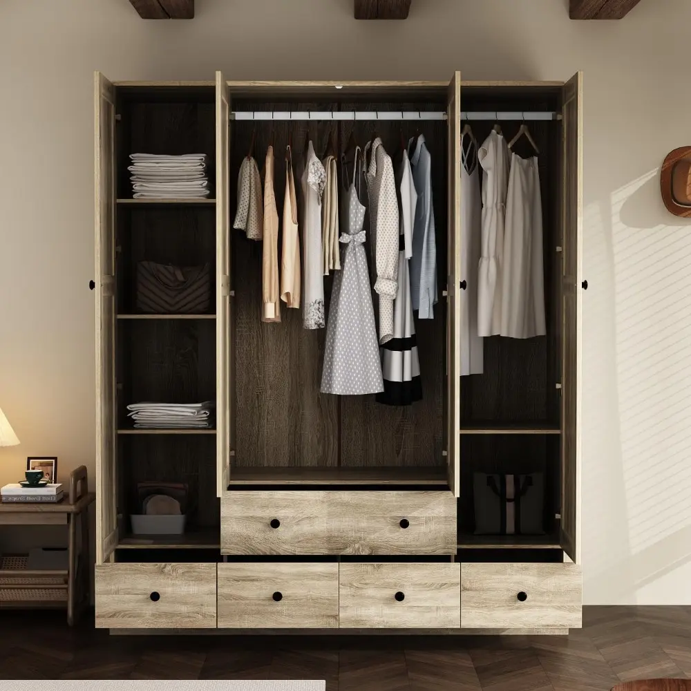 Rattan Armoire Wardrobe Closet with 7 Shelves, 5 Drawers & Hanging Bars, 59" L Wooden Wardrobe Clothes Storage Cabinet for Bedro