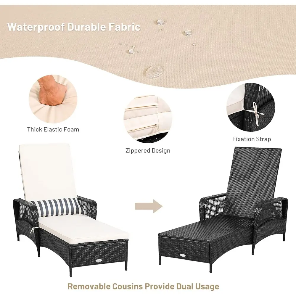 Rattan Patio Chaise Lounge, Outdoor Leisure Recliner w/Thick Cushion, Lumbar Pillow, 6-Gear Adjustable Backrest & Non-Slip Foot