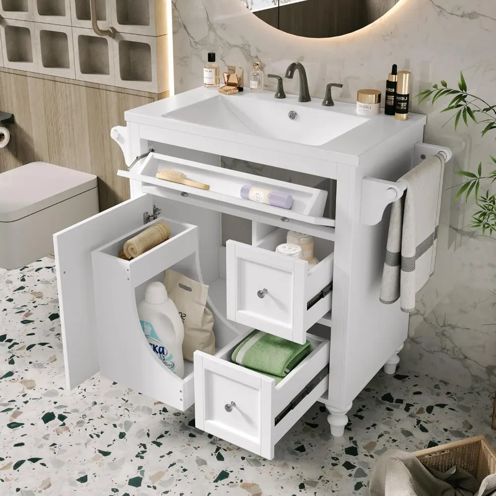 30" Bathroom Vanity with Sink, Modern Bathroom Storage Cabinet with 2 Drawers, Pull-Down Drawer, 2 Tower Rack & 1 Door, Freestan