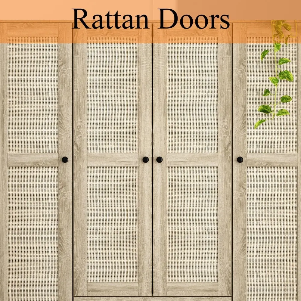 Rattan Armoire Wardrobe Closet with 7 Shelves, 5 Drawers & Hanging Bars, 59" L Wooden Wardrobe Clothes Storage Cabinet for Bedro