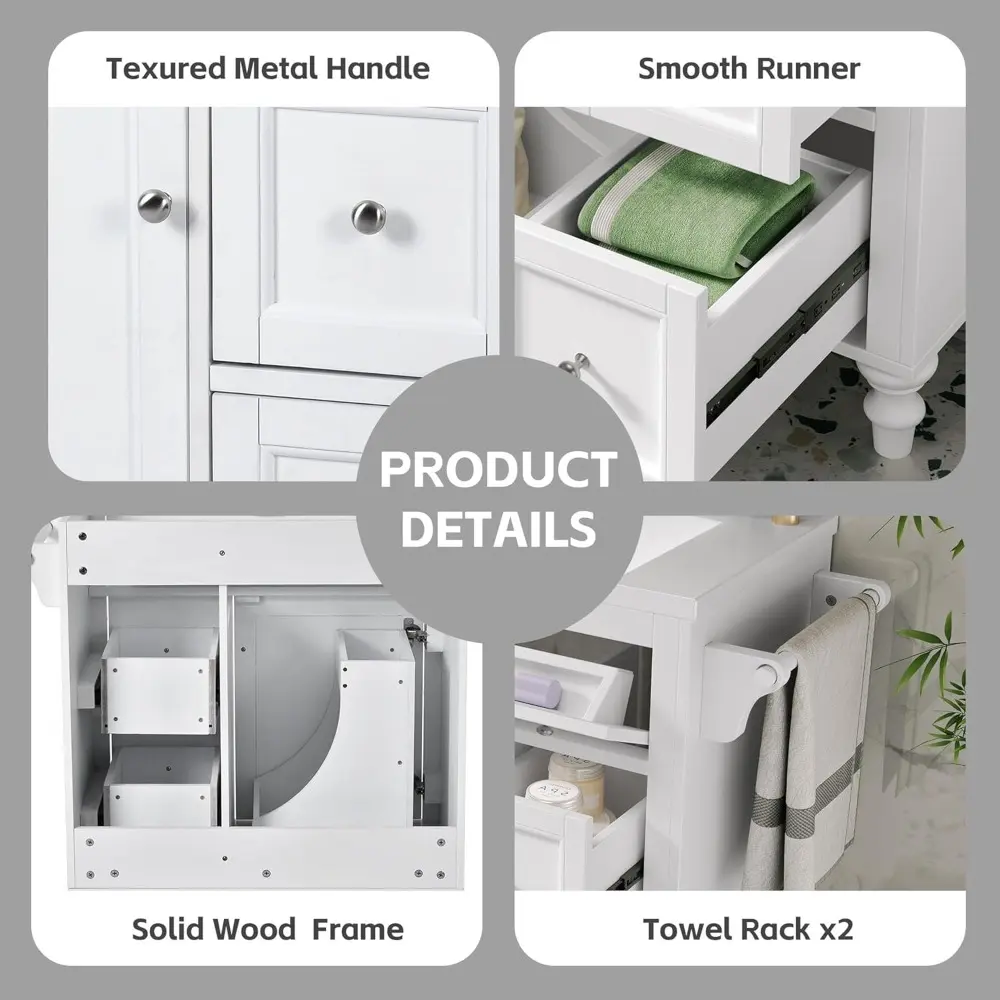 30" Bathroom Vanity with Sink, Modern Bathroom Storage Cabinet with 2 Drawers, Pull-Down Drawer, 2 Tower Rack & 1 Door, Freestan