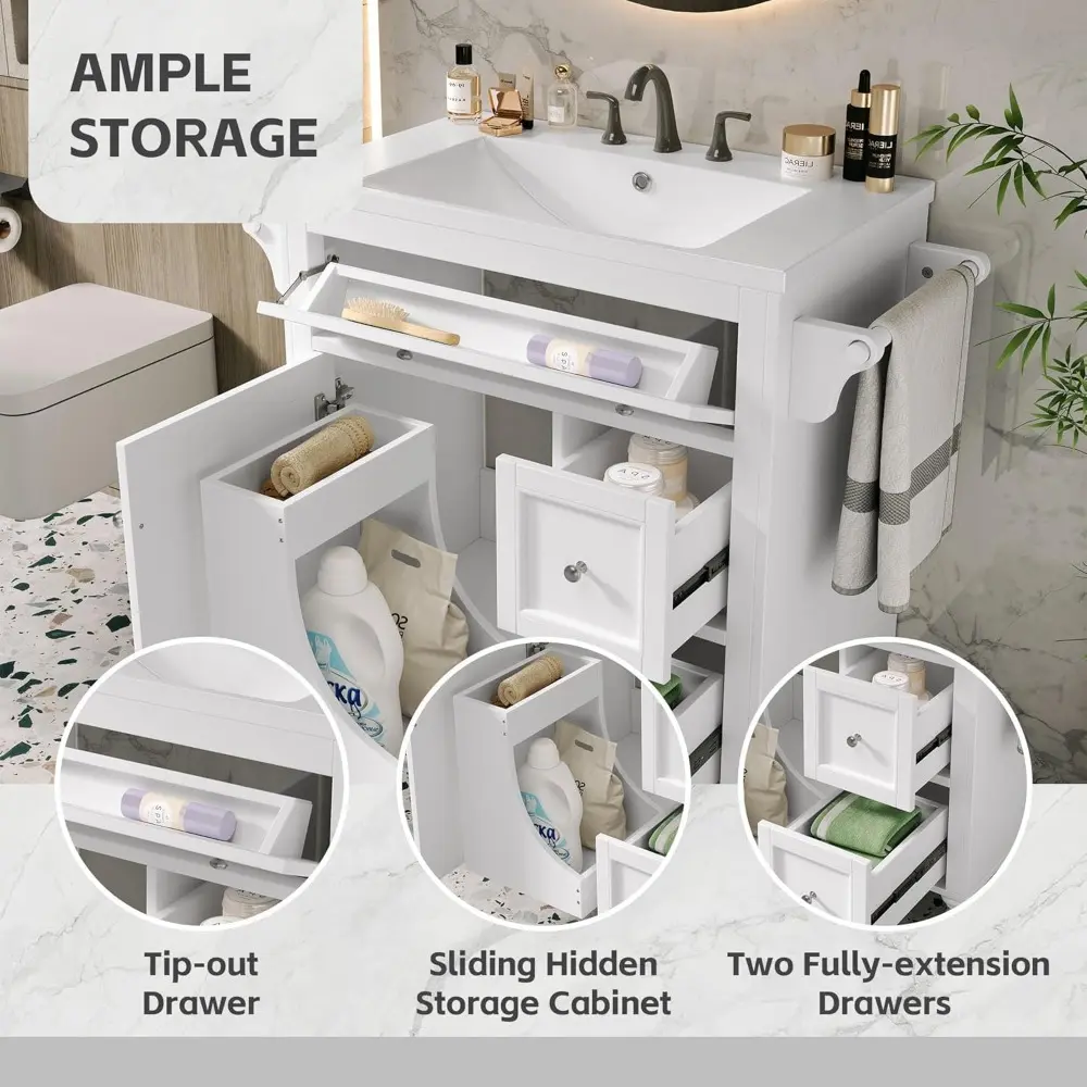30" Bathroom Vanity with Sink, Modern Bathroom Storage Cabinet with 2 Drawers, Pull-Down Drawer, 2 Tower Rack & 1 Door, Freestan