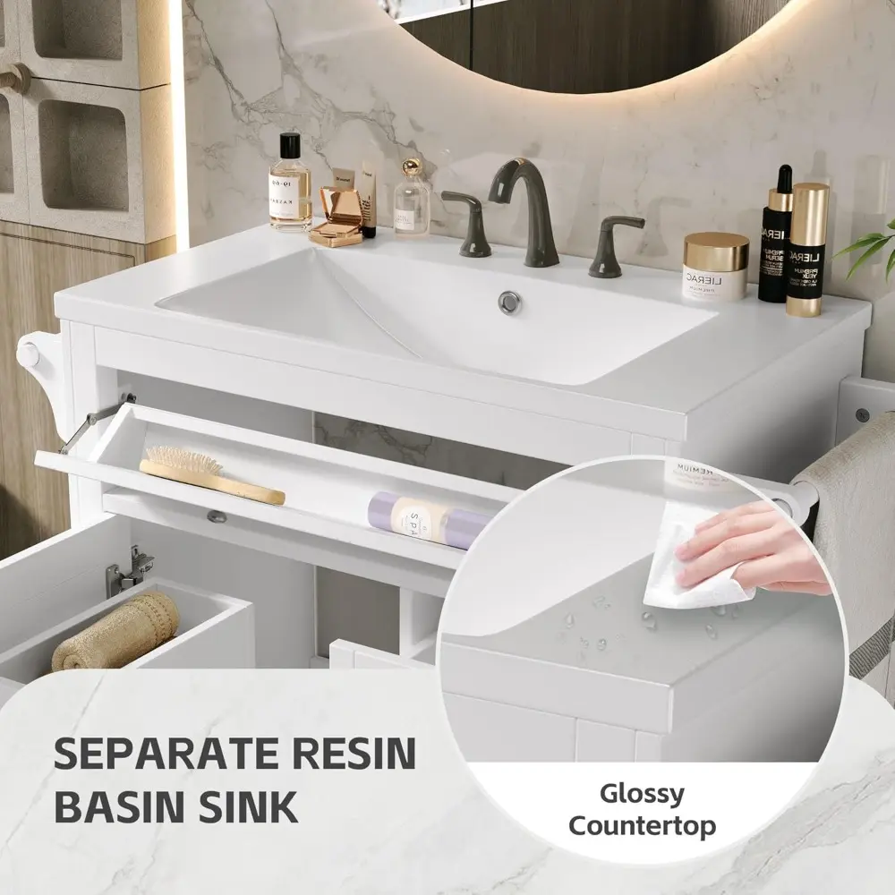 30" Bathroom Vanity with Sink, Modern Bathroom Storage Cabinet with 2 Drawers, Pull-Down Drawer, 2 Tower Rack & 1 Door, Freestan