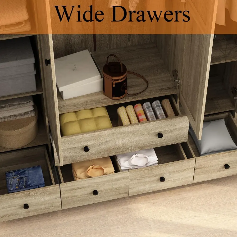 Rattan Armoire Wardrobe Closet with 7 Shelves, 5 Drawers & Hanging Bars, 59" L Wooden Wardrobe Clothes Storage Cabinet for Bedro