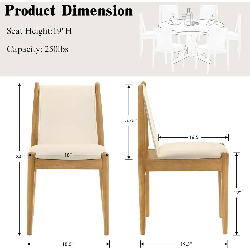 Upholstered Linen Beige Dining Chairs Set of 2, Wooden Armless Kitchen Chairs with Natural Legs and Sturdy Frame for Dining Roo