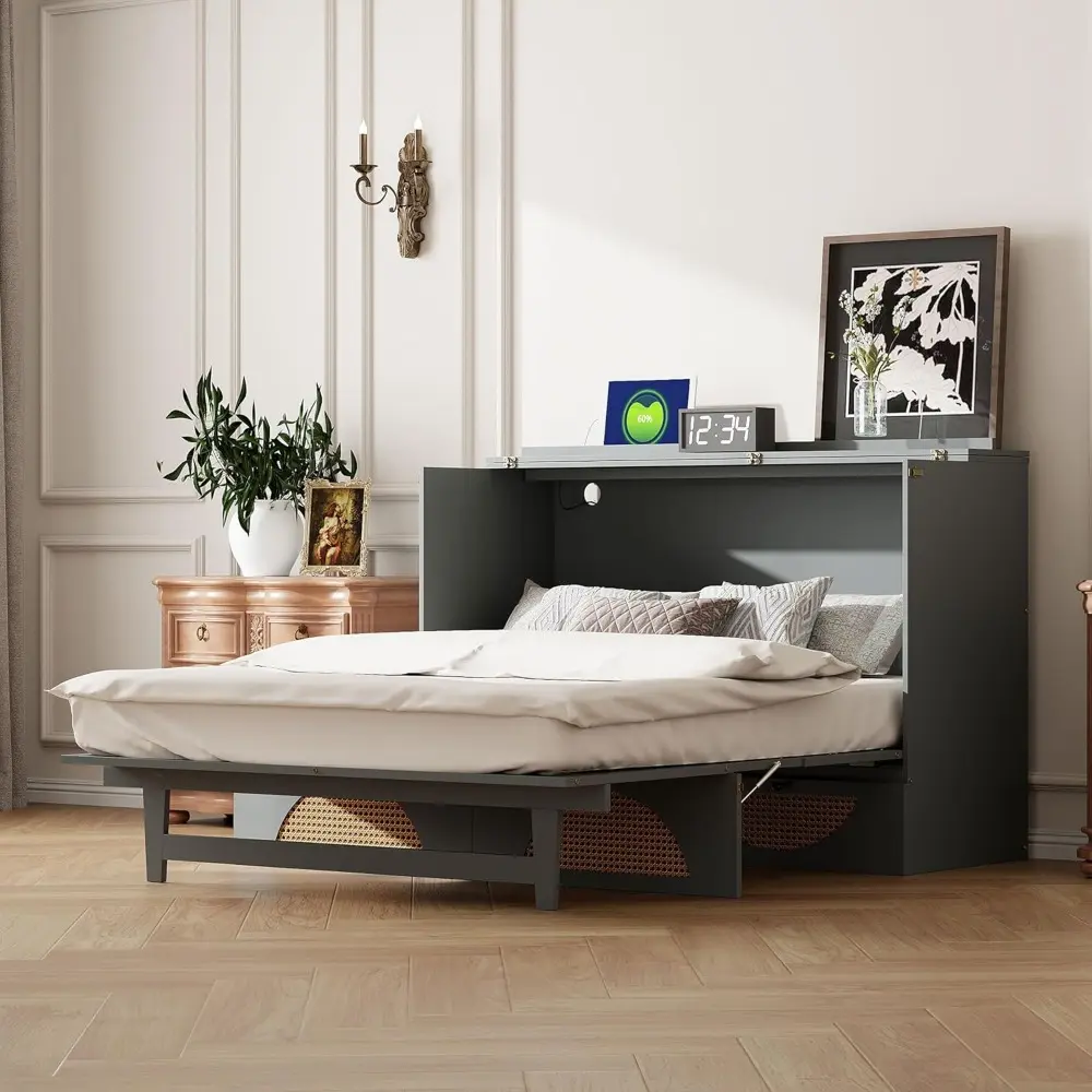 Harper & Bright Designs Queen Size Murphy Bed With USB Ports, Drawer, and Charging Station - Wood Cabinet Chest With Storage, Fo