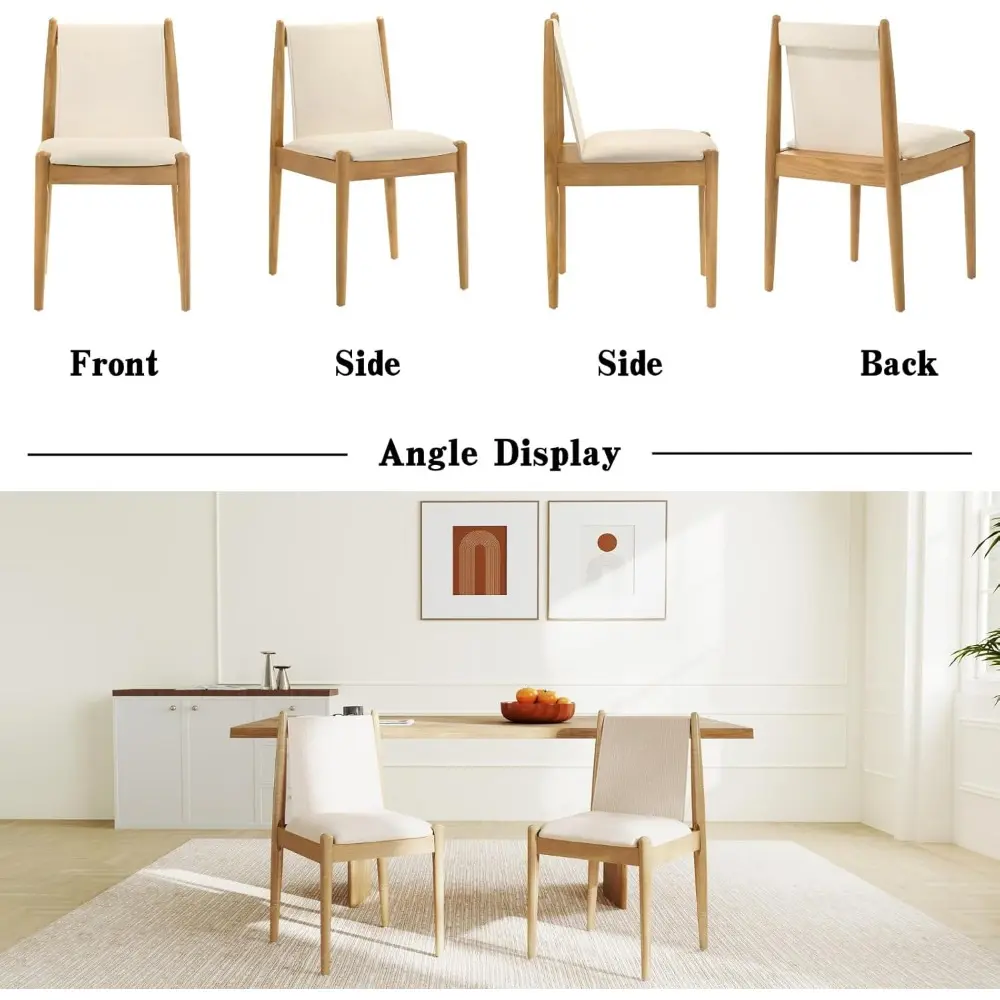 Upholstered Linen Beige Dining Chairs Set of 2, Wooden Armless Kitchen Chairs with Natural Legs and Sturdy Frame for Dining Roo