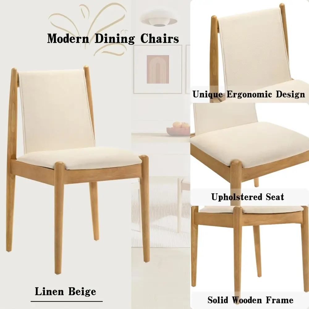 Upholstered Linen Beige Dining Chairs Set of 2, Wooden Armless Kitchen Chairs with Natural Legs and Sturdy Frame for Dining Roo