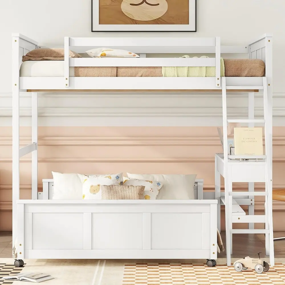 Harper & Bright Designs Full Over Full Bunk Beds with Desk and Drawers, Wood Full Size Loft Bed with Removable Full Platform Bed