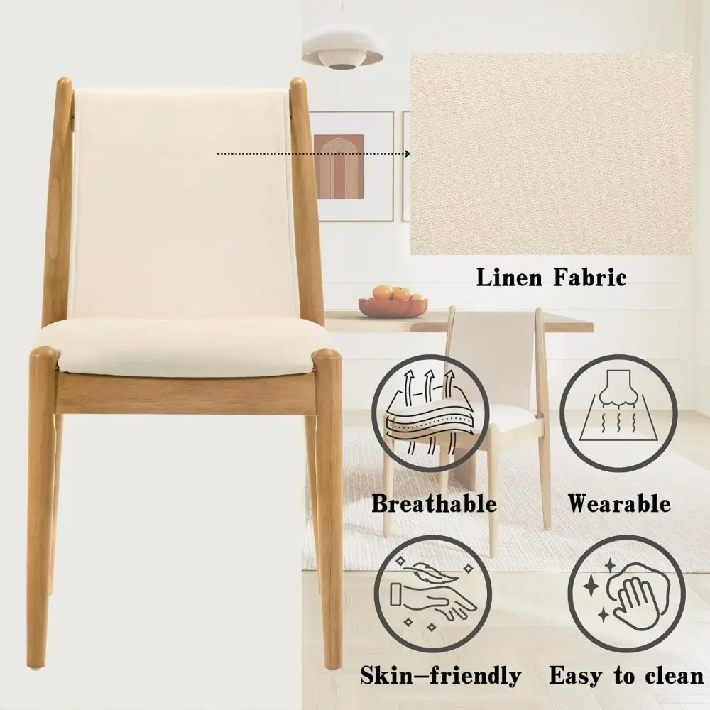 Upholstered Linen Beige Dining Chairs Set of 2, Wooden Armless Kitchen Chairs with Natural Legs and Sturdy Frame for Dining Roo