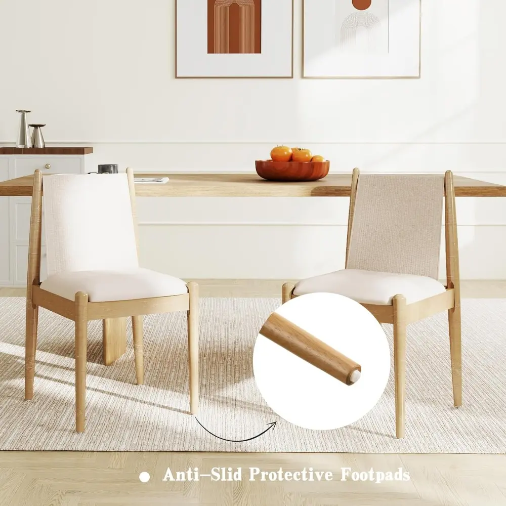 Upholstered Linen Beige Dining Chairs Set of 2, Wooden Armless Kitchen Chairs with Natural Legs and Sturdy Frame for Dining Roo