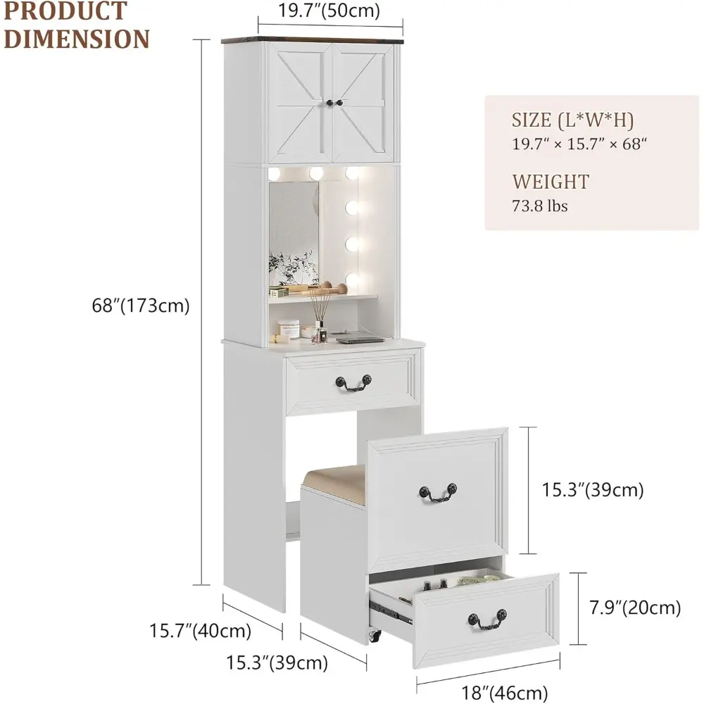 Vanity Desk with Mirror and Lights, Compact Makeup Table w/Storage Drawers & Shelves, Farmhouse Vanity Table with Hidden Chair f