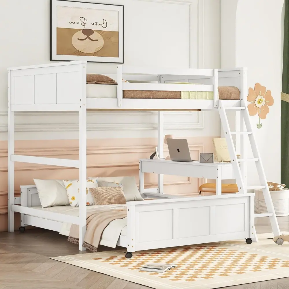 Harper & Bright Designs Full Over Full Bunk Beds with Desk and Drawers, Wood Full Size Loft Bed with Removable Full Platform Bed