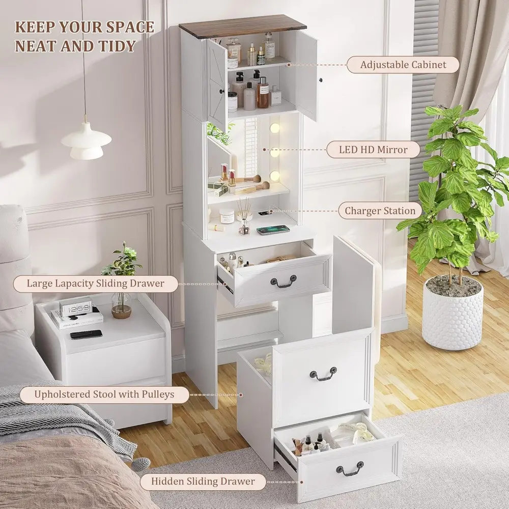 Vanity Desk with Mirror and Lights, Compact Makeup Table w/Storage Drawers & Shelves, Farmhouse Vanity Table with Hidden Chair f