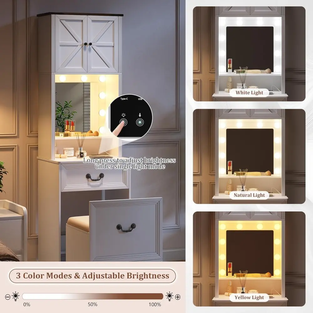 Vanity Desk with Mirror and Lights, Compact Makeup Table w/Storage Drawers & Shelves, Farmhouse Vanity Table with Hidden Chair f