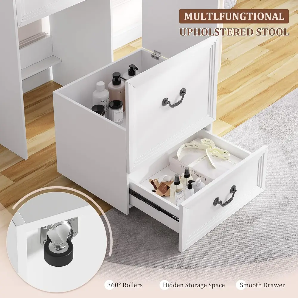 Vanity Desk with Mirror and Lights, Compact Makeup Table w/Storage Drawers & Shelves, Farmhouse Vanity Table with Hidden Chair f