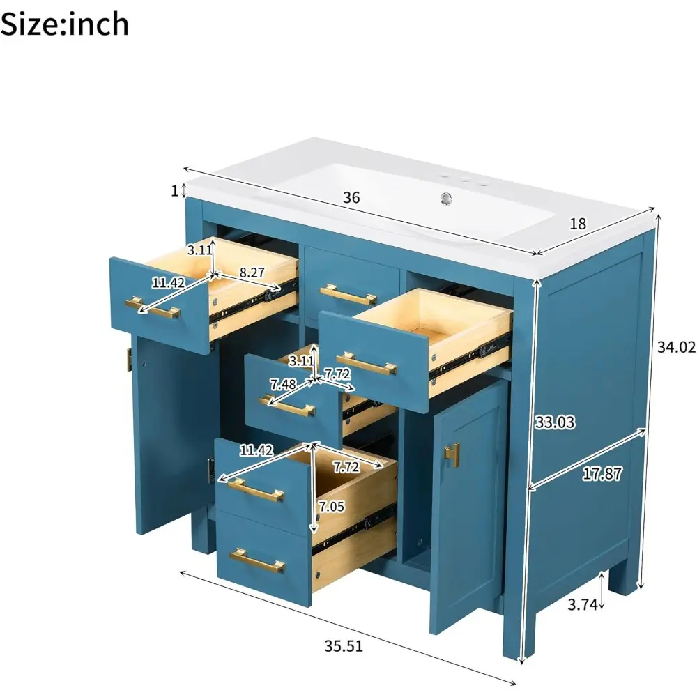 36" Bathroom Vanity with Sink, Freestanding Modern Bathroom Vanity Cabinet with Sink Top, 4 Drawers and 2 Storage Cabinets, Sol