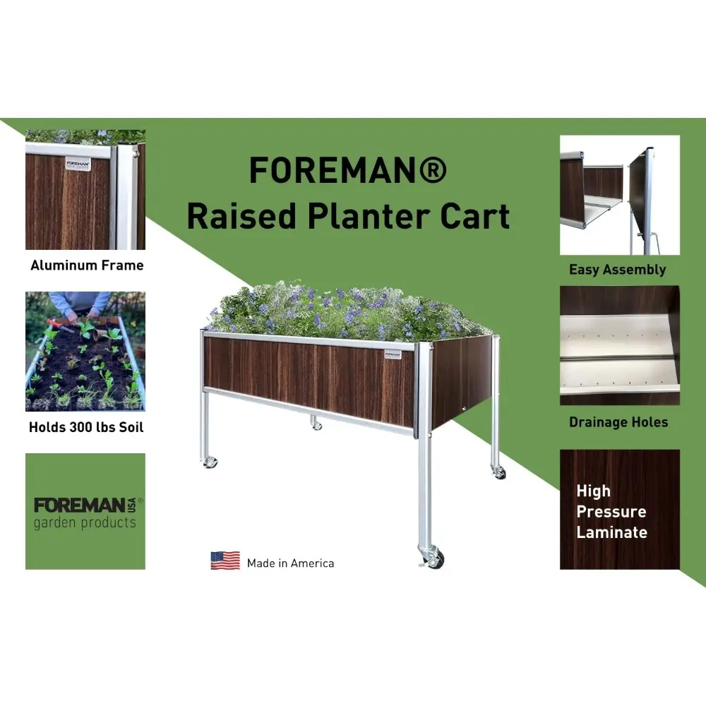 Foreman Raised Garden Bed on Wheels – Weather-Resistant Raised Garden Bed (36" x 24" x 27") with Drainage, Ideal Raised Garden B