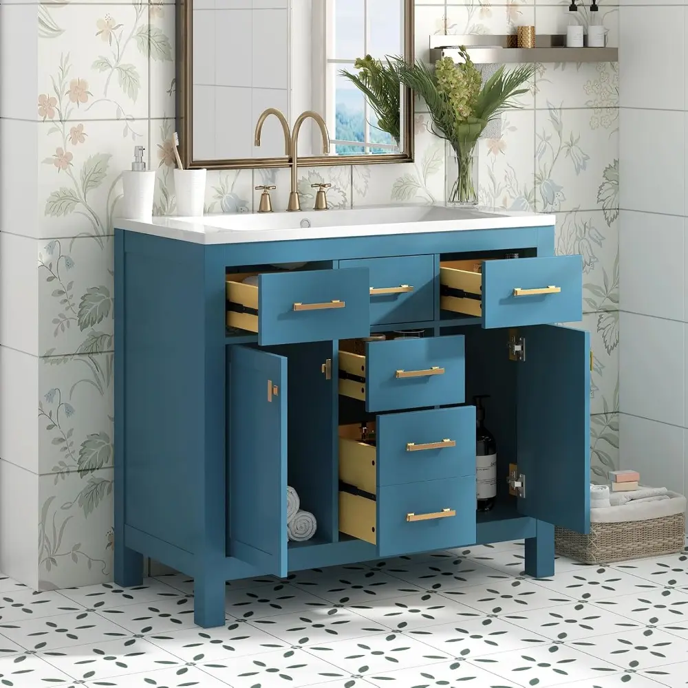 36" Bathroom Vanity with Sink, Freestanding Modern Bathroom Vanity Cabinet with Sink Top, 4 Drawers and 2 Storage Cabinets, Sol