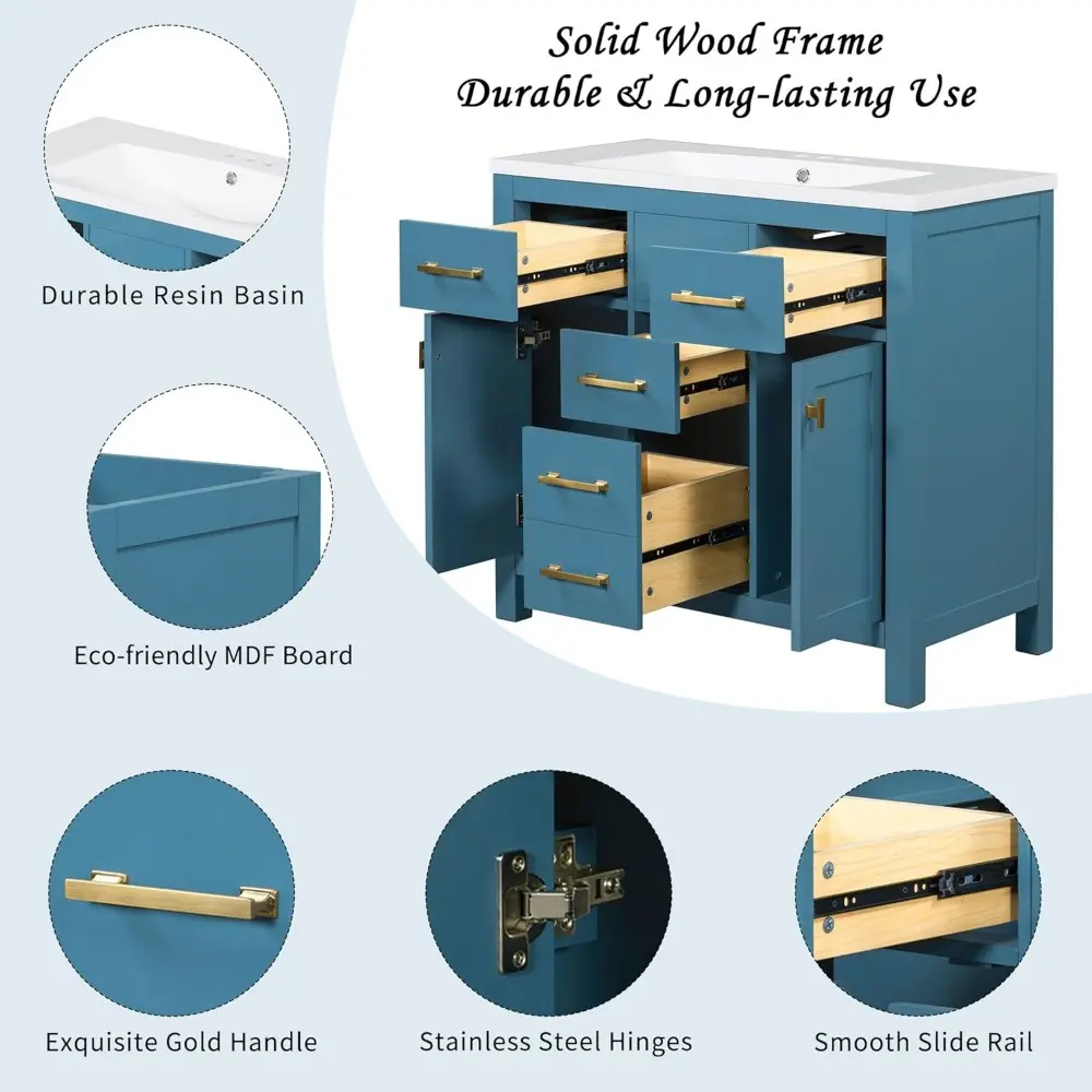 36" Bathroom Vanity with Sink, Freestanding Modern Bathroom Vanity Cabinet with Sink Top, 4 Drawers and 2 Storage Cabinets, Sol