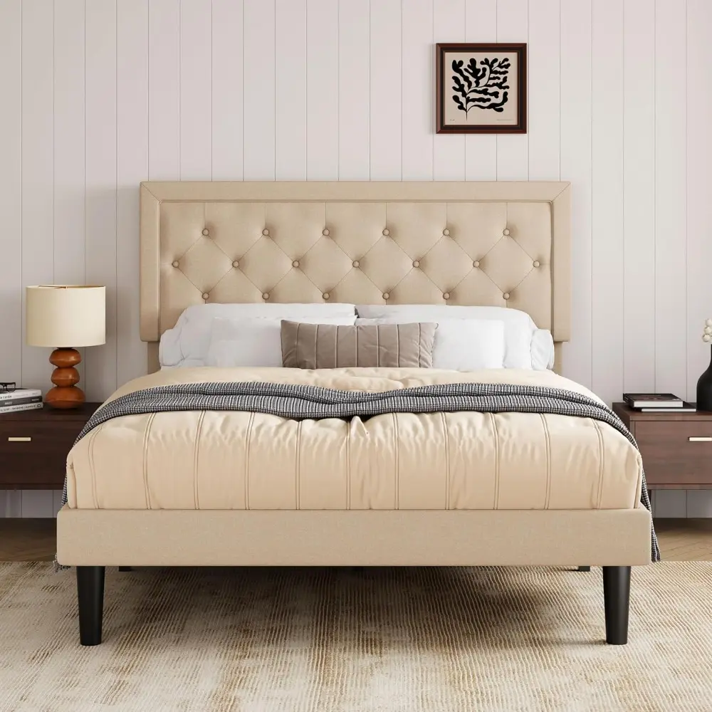 Allewie Queen Size Button Tufted/Fabric Upholstered Bed Frame with Adjustable Headboard/Wood Slat Support/Mattress Foundation/Be
