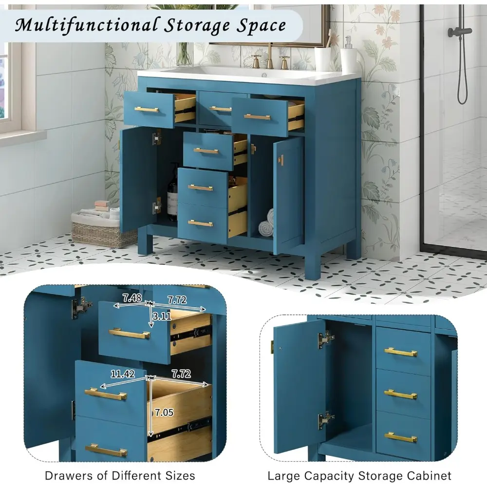 36" Bathroom Vanity with Sink, Freestanding Modern Bathroom Vanity Cabinet with Sink Top, 4 Drawers and 2 Storage Cabinets, Sol